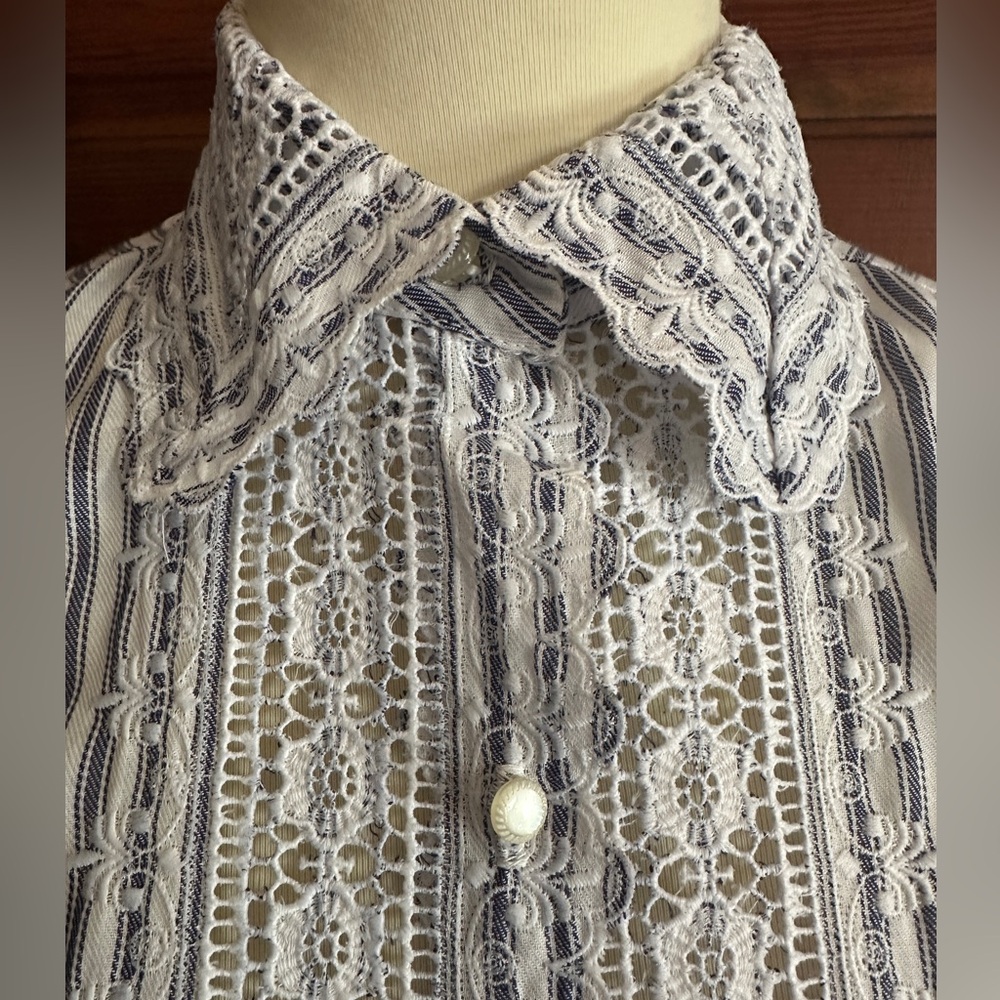 VINTAGE Prairie Style Striped Button Down w/Lace Panels - Picture 2 of 10